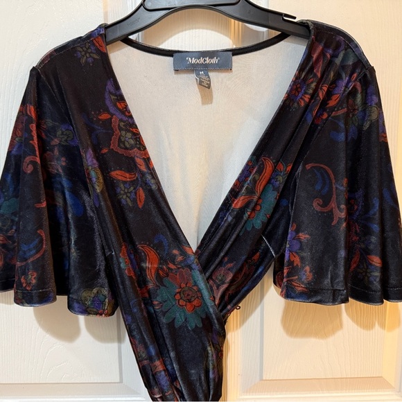 ModCloth Timeless Embrace Black Blue& Rust Floral Velvet Midi Wrap Dress - Picture 1 of 7